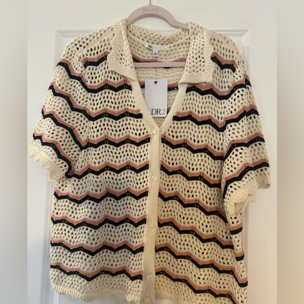 DR2 Cream Knit Cardigan with Black and Pink Stripes